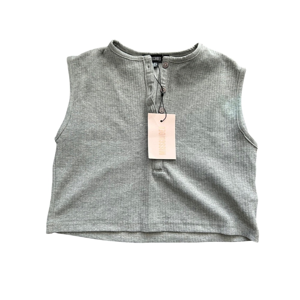 Missguided Womens Grey Ribbed Henley Sleeveless Crop Top Tank Size US 4 NWT